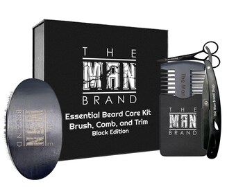 Black Wood Beard Comb and Beard Brush Set - Beard Grooming Set with brush and comb - straight razor and mini scissor for detailed grooming