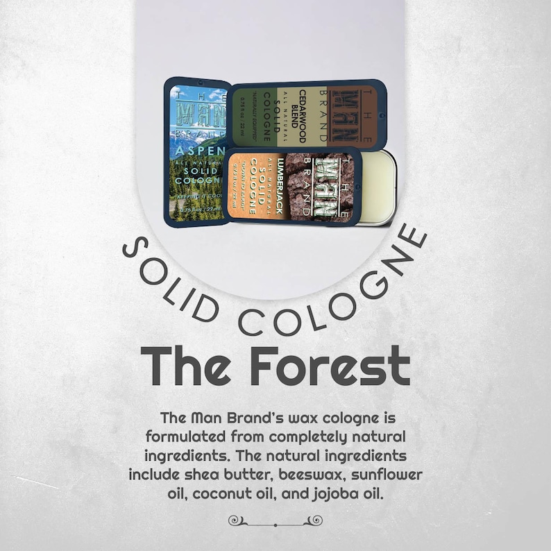 Puede incluir: Una exhibici&oacute;n de latas de colonia s&oacute;lida The Man Brand. Las latas son de color azul oscuro con etiquetas que muestran el nombre de la marca y nombres de fragancias como "Aspen", "Cedarwood Blend" y "Lumberjack". El texto "The Forest" tambi&eacute;n es visible.