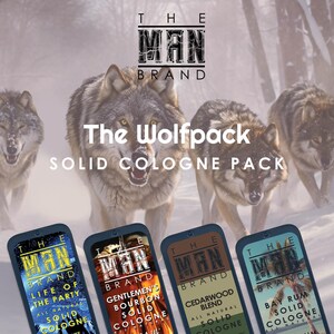 May include: The Wolfpack Solid Cologne Pack by The Man Brand. The image features four solid cologne tins with different scents, set against a backdrop of wolves in a snowy environment. The cologne tins have a dark blue border and feature the brand name and scent descriptions.