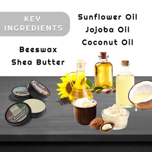 May include: A close-up of the key ingredients for a solid cologne: beeswax, shea butter, sunflower oil, jojoba oil, and coconut oil. The ingredients are displayed on a dark gray surface with a sunflower, almonds, and coconut halves.
