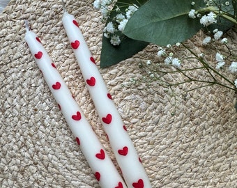 Love Heart Taper Candles | Heart Candles | Red Hearts | Love Hearts | Hand Painted Candles |