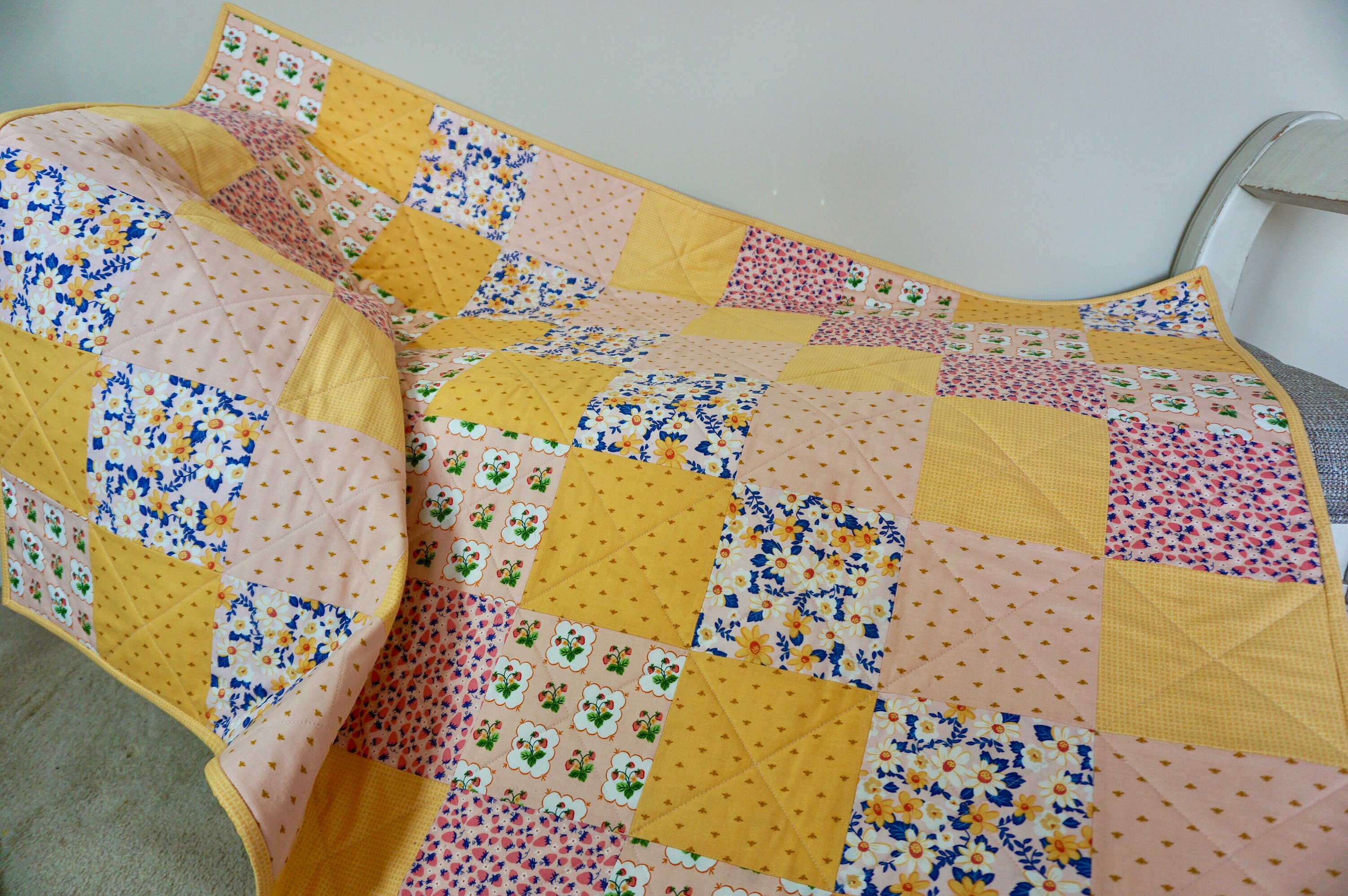 Handmade Baby Patchwork Quilt/Summer Picnic Yellow Peach Baby Quilt/Baby Toddler Blanket/Baby Shower Gift