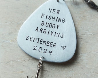 New fishing buddy arriving, pregnancy announcement, we're pregnant, dad to be, you're going to be a daddy, new grandpa, fishing lure, custom