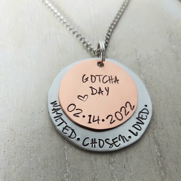 Gotcha day, gotcha day necklace,  adoption, adoption necklace, adoption jewelry, adoptive child, adopted, love makes us family, custom