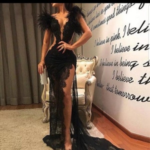 Bohemian Evening Dress With Built-in Bra / Nude Color Lining Black Dress /  Sexy Party Gown / Polka-dot Evening Dress / Prom Black Dress 