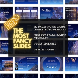 Op de afbeelding: Een blauwe en witte PowerPoint-sjabloon met een kristalontwerp. De tekst "The Most Fancy Slides" is geel en de tekst "20 Pages Movie-Grade Animated PowerPoint Template" is wit. De sjabloon bevat 267 pictogrammen.