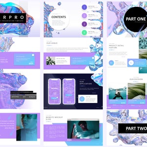 Op de afbeelding: Een presentatiesjabloon met een holografisch, iriserend ontwerp. De sjabloon bevat een verscheidenheid aan dia's, waaronder een titeldia, een inhoudsdia, een start-tijdlijn dia, een digitale groeiconferentie dia, een website-mockup dia, een projectdetail-functie dia en een onze divisie dia. De sjabloon is ontworpen voor zakelijke presentaties.