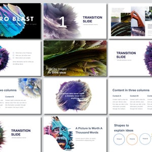 May include: A presentation slide deck with a colorful abstract design. The slides feature the text "ARPRO BLAST", "TRANSITION SLIDE", "Your Slide Title", "Content in two columns", "Content in three columns", "Use Big Images To Show Ideas", "A person who never made a mistake never tried anything", "A Picture Is Worth A Thousand Words", and "Shapes to explain ideas".