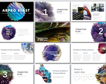 Pode incluir: Um baralho de slides de apresentação com um design abstrato colorido. Os slides apresentam o texto "ARPRO BLAST", "TRANSITION SLIDE", "Seu título de slide", "Conteúdo em duas colunas", "Conteúdo em três colunas", "Usar imagens grandes para mostrar ideias", "Uma pessoa que nunca cometeu um erro nunca tentou nada", "Uma imagem vale mais que mil palavras", e "Formas para explicar ideias".