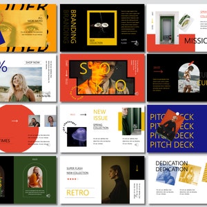 May include: A presentation slide deck with a red, white and black colour scheme. The slides feature text, images and graphics. The text includes the words "Branding", "Mission", "Issue", "Culture", "New Issue", "Spring Collection", "Pitch Deck", "Dedication", "Cool Guys", "Super Flash", and "Retro".