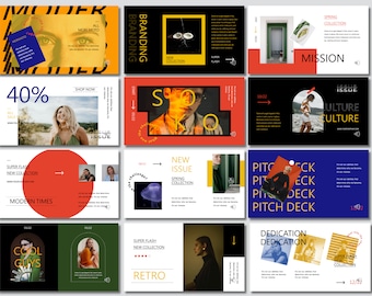 Puede incluir: Una presentación de diapositivas con un esquema de color rojo, blanco y negro. Las diapositivas presentan texto, imágenes y gráficos. El texto incluye las palabras "Branding", "Misión", "Issue", "Culture", "New Issue", "Spring Collection", "Pitch Deck", "Dedication", "Cool Guys", "Super Flash" y "Retro".