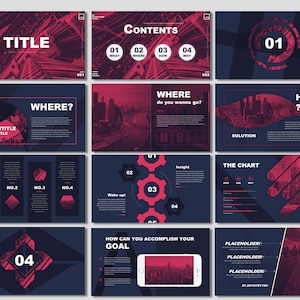 Puede incluir: Una plantilla de presentación con un fondo azul oscuro y acentos rojos. La plantilla presenta una imagen de ciudad y formas geométricas. El texto "TITLE", "CONTENTS", "WHERE", "HOW", "SOLUTION", "THE CHART", "HOW CAN YOU ACCOMPLISH YOUR GOAL" y "PLACEHOLDER!" es visible en las diapositivas.