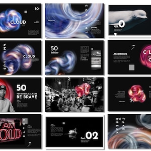 Puede incluir: Una plantilla de presentación con fondo negro y formas abstractas de colores. El texto "Cloud" aparece en la esquina superior izquierda de la diapositiva. El texto "Ambitious" aparece en la esquina superior izquierda de la diapositiva. El texto "You Should Always Be Brave" aparece en la esquina superior izquierda de la diapositiva. El texto "I Am Bold" aparece en la esquina superior izquierda de la diapositiva. El texto "Take A Break" aparece en la esquina superior izquierda de la diapositiva. El texto "50" aparece en la esquina superior derecha de la diapositiva. El texto "Part 0" aparece en la esquina superior derecha de la diapositiva. El texto "Part 02" aparece en la esquina superior derecha de la diapositiva.