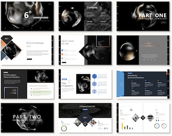 Puede incluir: Una plantilla de PowerPoint en blanco y negro con un diseño de esfera 3D. La plantilla incluye diapositivas para el contenido de una empresa, sobre nosotros, una infografía paso a paso, qué hacemos, la línea de tiempo de la empresa e inserta tu sección de ruptura. La plantilla se titula "Parte Uno" y "Parte Dos".