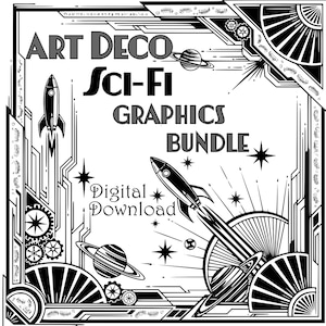 Könnte beinhalten: Schwarz-weißes Art Deco Sci-Fi Graphics Bundle zum digitalen Download. Das Design zeigt Raketen, Planeten, Sterne und geometrische Formen im Vintage-Stil. Die Worte "Art Deco Sci-Fi Graphics Bundle" sind zu sehen.