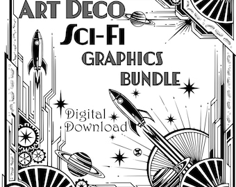 Pakiet grafik w stylu art déco i science fiction – vintage clipart, SVG, PNG (pobieranie cyfrowe) 65 obrazów