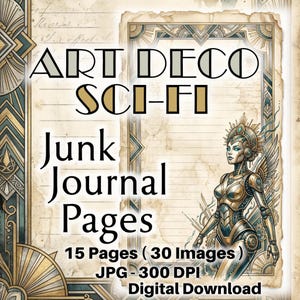 May include: A digital graphic featuring the text ART DECO SCI-FI Junk Journal Pages 15 Pages (30 Images) JPG - 300 DPI Digital Download. The design includes a stylized robotic figure and ornate geometric borders on a parchment-like background.