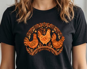 Koszulka Folk Art Chicken Trio | Klasyczna koszulka unisex, wersja 3