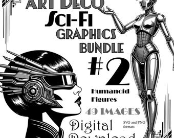 Pakiet grafik w stylu art déco o tematyce science fiction – vintage clipart, SVG, PNG (pobranie cyfrowe) 49 obrazów
