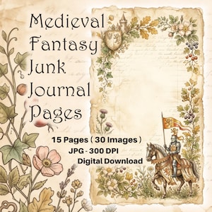 Può includere: Una collezione digitale di pagine di diario fantasy medievale con 15 pagine e 30 immagini. Il design include un cavaliere a cavallo, un castello, bordi floreali e texture di pergamena con il testo Medieval Fantasy Junk Journal Pages.