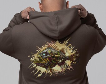 Bluza z kapturem Steampunk Fish Unisex - Mechaniczna bluza z motywem żabnicy - z wizerunkiem na plecach