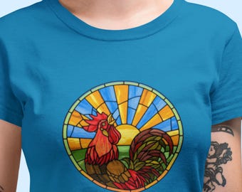 Klasyczna koszulka unisex z nadrukiem koguta witrażowego - koszulka z kurczakiem!