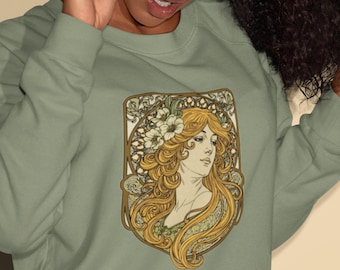 Alphonse Mucha-inspired Woman green/brown tones Unisex Sweatshirt