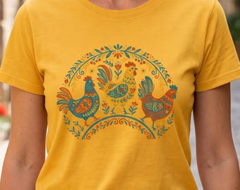 Koszulka Folk Art Chicken Trio | Klasyczna koszulka unisex, wersja 1