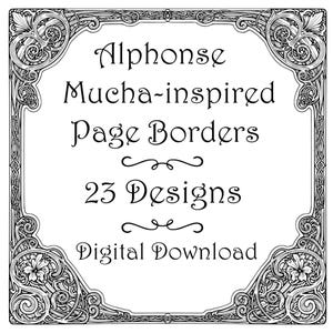 Könnte beinhalten: Schwarz-weiße digitale Grafik mit aufwendigem Bordürendesign. Der Text lautet "Alphonse Mucha-inspired Page Borders, 23 Designs, Digital Download."