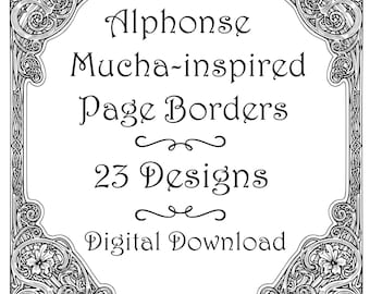 Ramki obramowania inspirowane Alfonsem Muchą – Vintage Clipart, SVG, PNG (pobieranie cyfrowe)