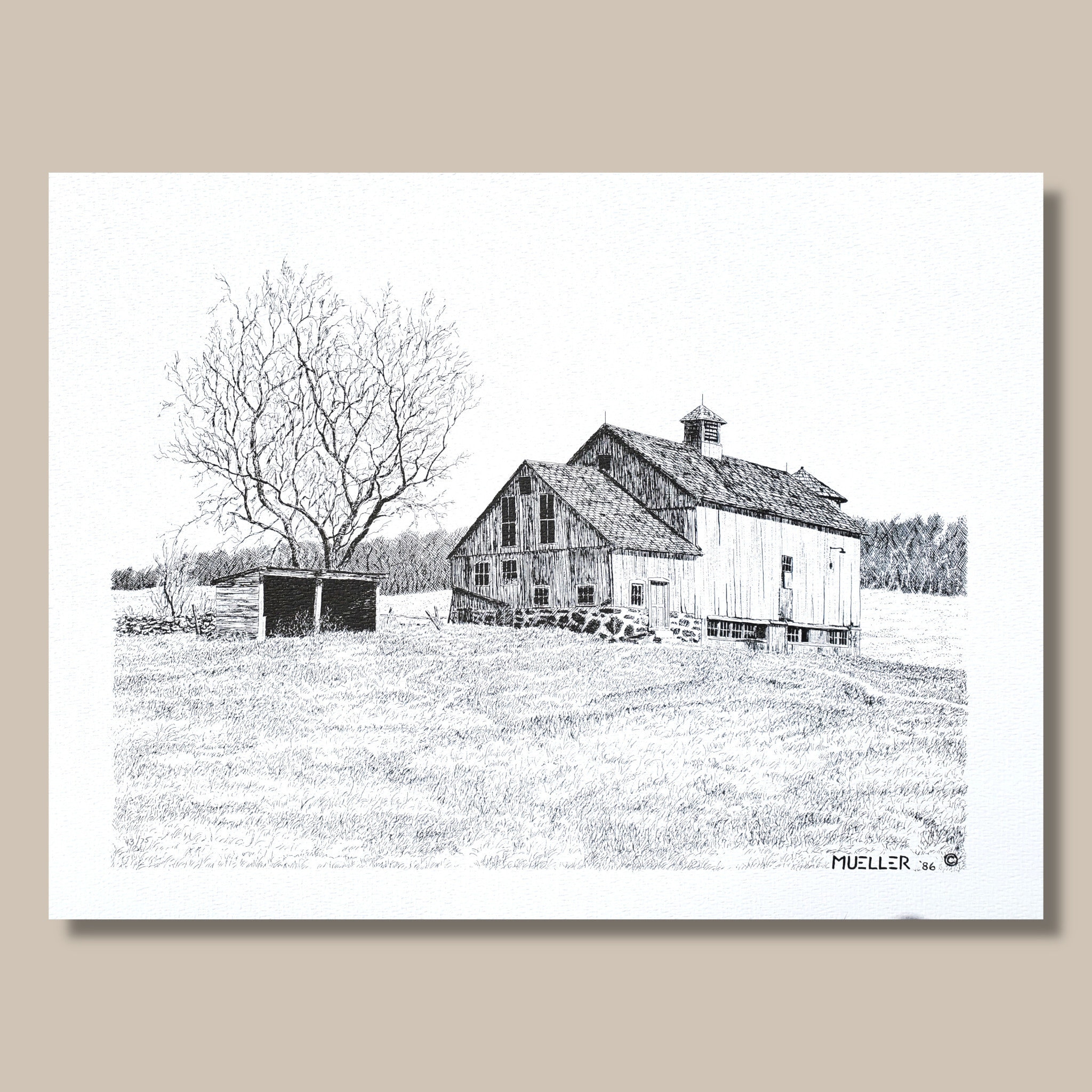 Rustic Barn Pen and Ink Drawing: Country Wall Art Print (8.5