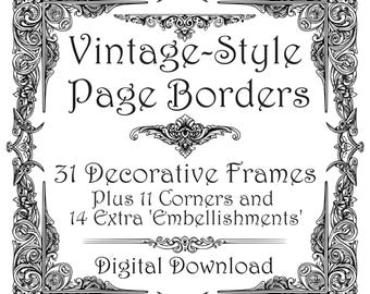 Ramki obramowań stron w stylu vintage – dekoracyjne pliki clipart, SVG, PNG (pobieranie cyfrowe)