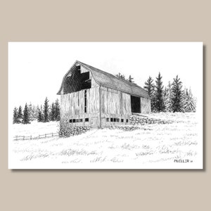 May include: A black and white pen and ink drawing of a wooden barn with a stone foundation. The barn has a large, open door and a smaller door on the side. There are trees in the background and a fence in the foreground. The drawing is signed "MUELLER 95".