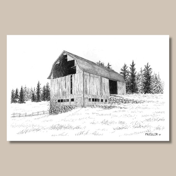Rustic Barn Pen and Ink Drawing: Original Wall Art Print (8x12 Unframed)