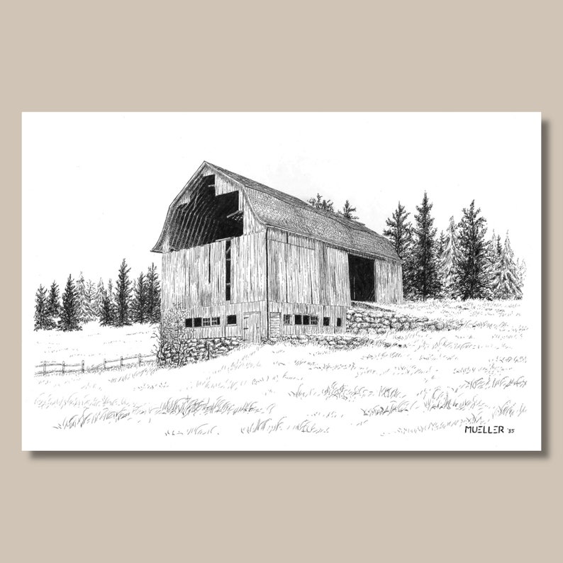 Rustic Old Barn Pen and Ink Drawing Wall Art, 8" x 12" Unframed, Original hand drawn artwork