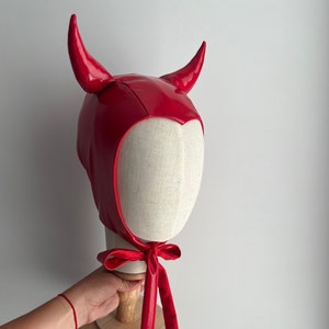 Red Devil Horn Hat, Devil Vintage Bonnet, Devil  Hood, Hat with Horns, Horned Devil Bonnet, Latex Hat, PVC Vinyl Hat