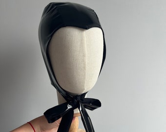 Black Latex Hat, Vintage Bonnet, Devil Hood, Latex Hood