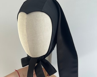 Black Satin Bunny Ears Hat, Bunny Vintage Bonnet, Bunny Hood, Adult Hat with Ears, Adult Animal Bonnet, Bunny Balaclava
