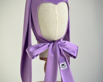 Bonnet oreilles de lapin en satin lilas, bonnet vintage lapin, capuche lapin, chapeau adulte avec oreilles, bonnet animal adulte, cagoule lapin