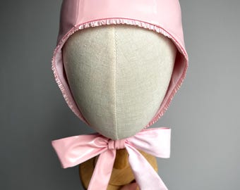Różowy kapelusz z PVC z falbankami, vintage Bonnet, Kaptur lateksowy, Winylowy Bonnet dla dorosłych