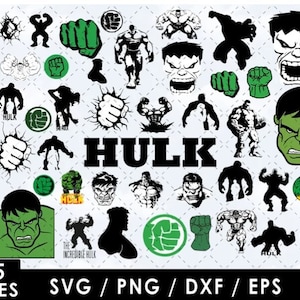 Op de afbeelding: Een digitale download van 45 SVG-, PNG-, DXF- en EPS-bestanden met verschillende afbeeldingen van Hulk, waaronder zijn gezicht, zijn vuist en zijn hele lichaam. De tekst "HULK" wordt weergegeven in grote, vetgedrukte letters.