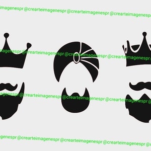 Puede incluir: Un conjunto de imágenes en silueta en blanco y negro de una corona, un turbante, un bigote, una barba y una corona. Las imágenes son adecuadas para usar en manualidades, scrapbooking o diseño digital.
