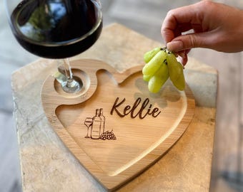 Personalized Bamboo Wine & Appetizer Plate: Personal Charcuterie Board | Wine glass holder, galentines gifts