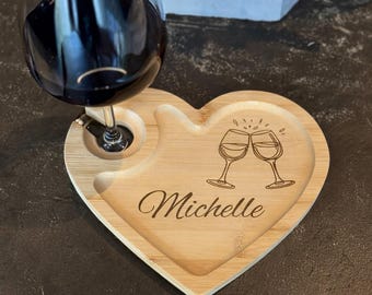 Personalized Bamboo Wine & Appetizer Plate: Personal Charcuterie Board | Wine glass holder