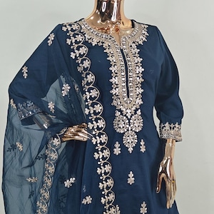 Indian Party Wear Dress For Women - Kurta Sets For Women - Navy Blue Zari/ Embroidered Straight Kurta With Trousers & Dupatta - Salwar Kamez