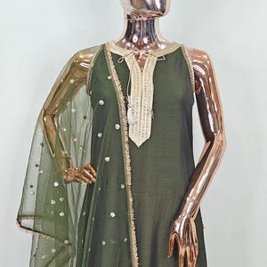 Sleeveless Sequence Kurta Set - Solid Green Kurta Palazzo & Dupatta - Dresses For Women - Indian Party Wear/ XXL Plus Size Kurta /Women Kurt