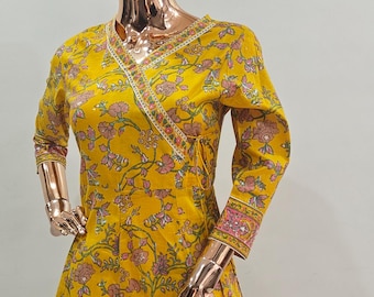 Indian Long Dress - Printed Anarkali Kurta - Women Mustard Yellow Floral Printed Anarkali Fusion Kurta - Ethnic Long Kurti - Plus Size Kurti