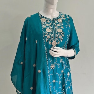 Indian Party Wear Dress For Women - Teal Blue Zari Embroidered Silk Kurta With Trousers & Dupatta - Salwar Kameez - Ethnic Set Indian Dress