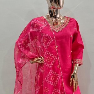 Silk Kurta Sets Women - Pink Embroidered Kurta With Trousers & Dupatta - Dresses For Women - Indian Party Wear - 3 Piece Set - Salwar Kameez