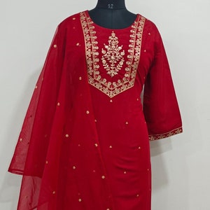 Silk Kurta Sets Women - Burgundy Embroidered Kurta With Trousers & Dupatta - Dresses For Women - Party Wear - 3 Piece Set Salwar Kameez